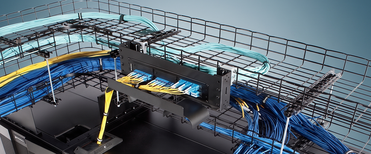 Cablofil overhead wire mesh cable tray in a data centre installation